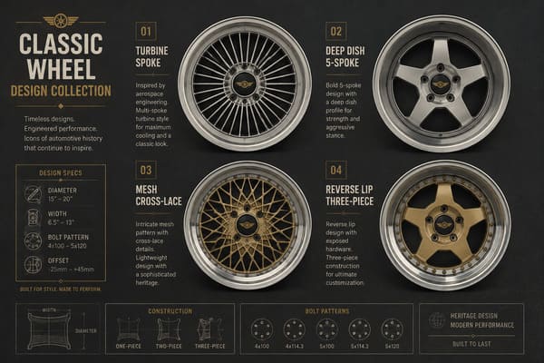 Popular vintage-inspired forged wheel designs including mesh turbine and deep dish styles