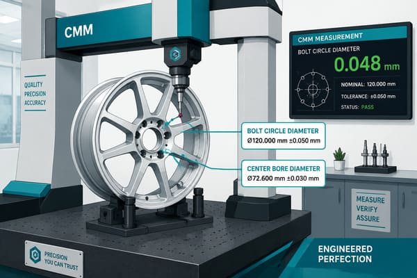 CMM dimensional inspection of forged wheel bolt circle and offset