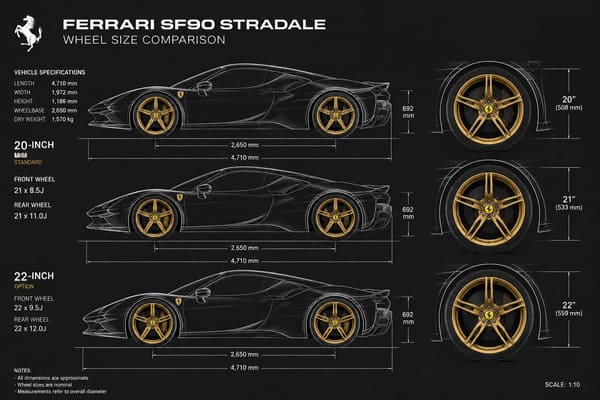 Ferrari SF90 Wheel Size Comparison for Gold Forged Wheels\\\ Ferrari SF90 Stradale wheel size comparison 20 21 22 inch