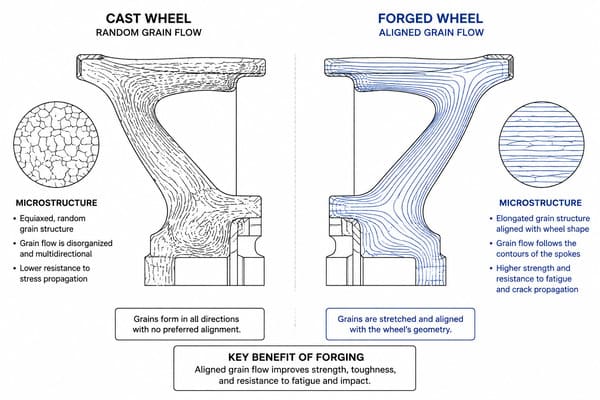 How forging improves grain flow structure in wheels compared to casting forged wheel grain flow structure vs cast wheel internal structure
