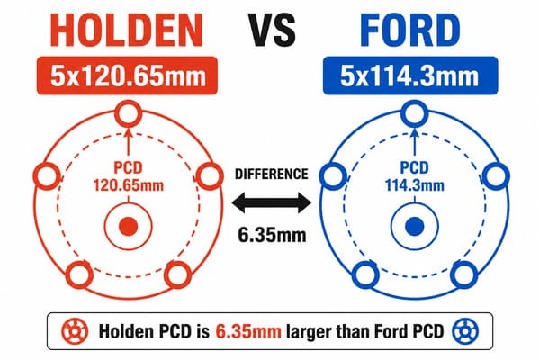 Holden vs Ford Bolt Pattern Difference Diagram\\\ Holden vs Ford stud pattern comparison 5x120.65 vs 5x114.3