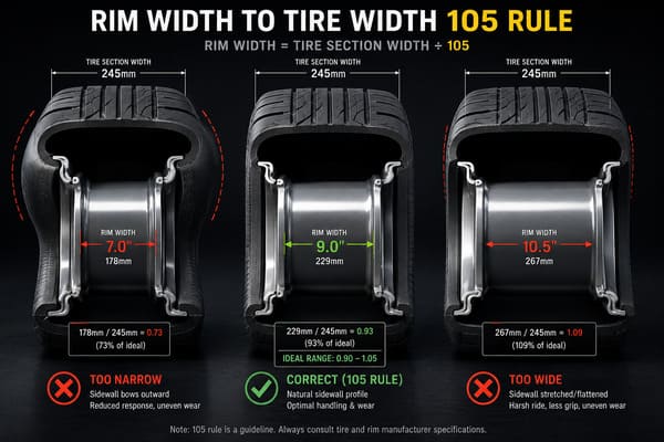 105 rule rim width calculation for tire fitment Rim width to tire width ratio diagram