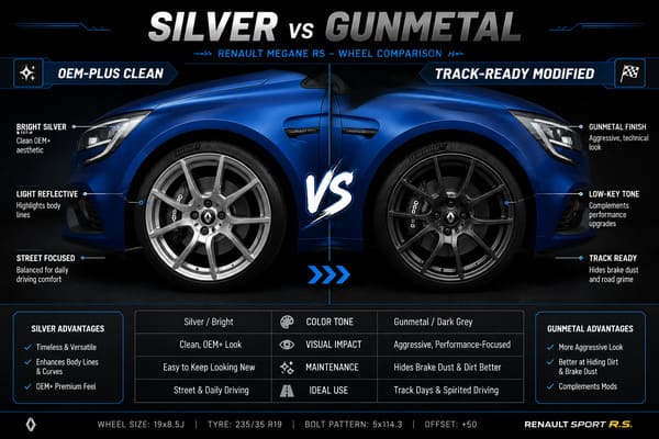 Does Silver or Gunmetal Work Better on a Blue Renault Megane RS Silver vs gunmetal wheels on blue Renault Megane RS