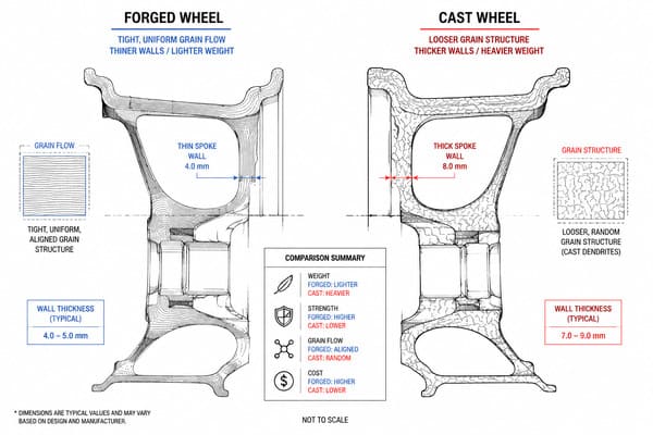 How forged wheels improve aerodynamic and performance outcomes Forged vs cast wheel cross-section showing grain structure and wall thickness