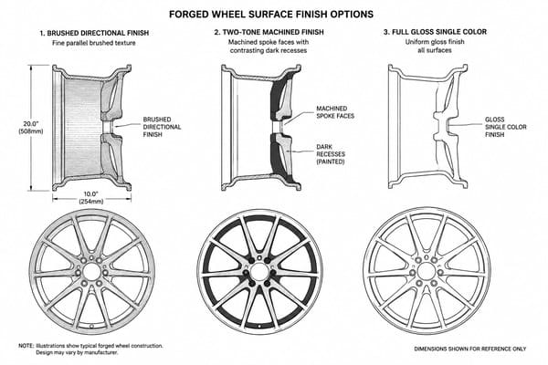 How Custom Wheel Finishes Change the Look of a Gray Supercar\\\ Custom finish textures on forged wheels — brushed directional, two-tone machined, full gloss