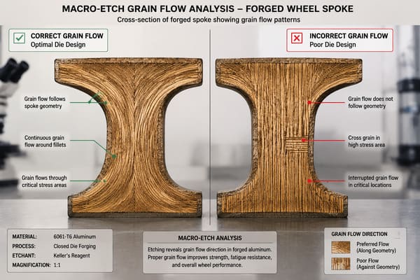 Macro-etch grain flow analysis on forged wheel spoke cross-section