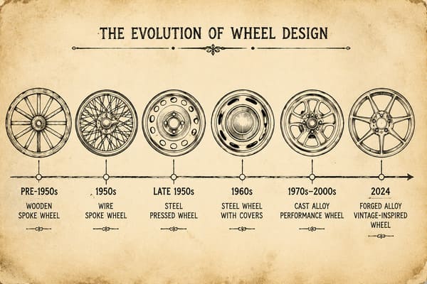 Timeline of wheel design evolution from steel spokes to modern forged vintage styles