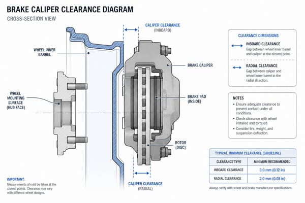 Brake Caliper Clearance Diagram Brake caliper clearance diagram showing wheel inner barrel and caliper gap