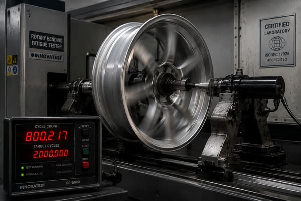 Fatigue Testing Predicts Long-Term Wheel Durability Fatigue testing machine running a forged wheel through rotary bending cycles in a certified testing lab