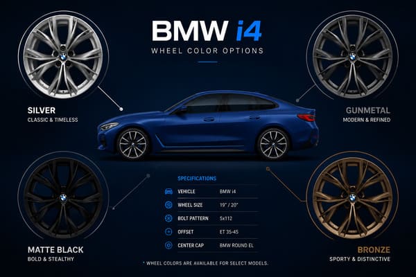 Best Wheel Colors for Blue BMW i4\ Four best wheel colors for blue BMW i4 - silver gunmetal black bronze