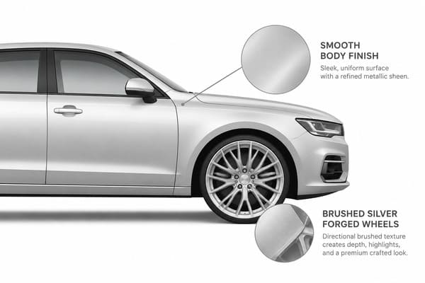 Brushed silver forged wheels on silver car