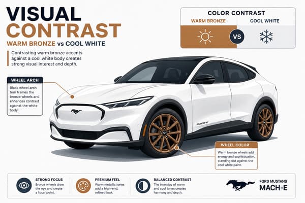 Visual Contrast of Bronze Wheels on White Mach-E\ White Mach-E with bronze wheel contrast detail