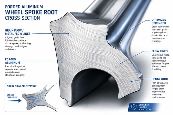 Forged Wheel Grain Structure and Fatigue Resistance Close-up of a spoke root on a forged aluminum wheel showing grain flow direction from the forging process