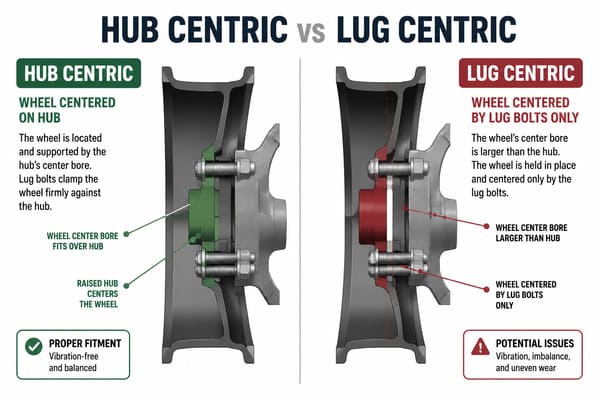 What Does Hub Bore Size Actually Mean on a BMW E30? BMW E30 hub centric fit vs lug centric wheel diagram