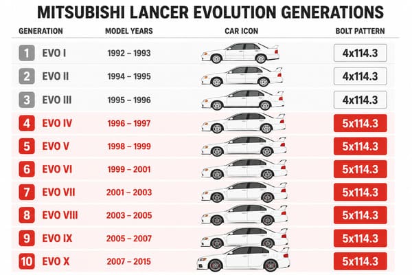Mitsubishi Lancer Evo generations 5x114.3 bolt pattern compatibility chart