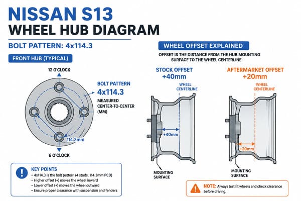 S13 240SX Bolt Pattern and Offset Guide\ Nissan S13 240SX bolt pattern and offset chart for 16x8 wheels