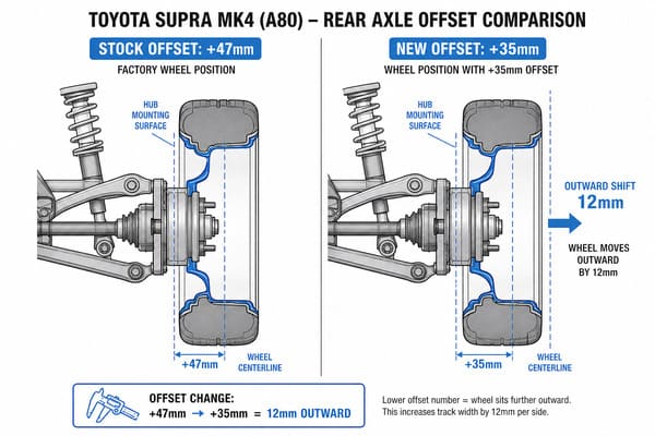 What Does +35mm Offset Mean for Toyota Supra MK4? MK4 Supra offset comparison stock vs +35mm forged wheel