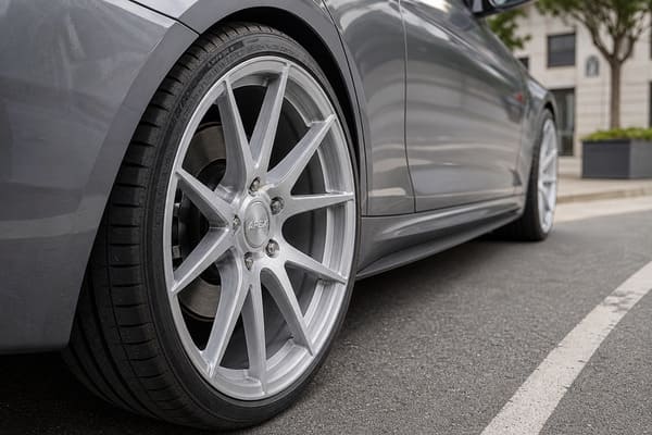 Brushed silver wheels matching gray Polestar 2 Brushed silver forged wheels on gray car