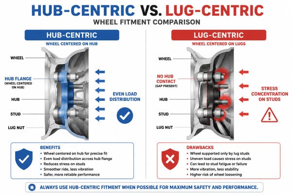 hub-centric vs lug-centric wheel fitment comparison diagram
