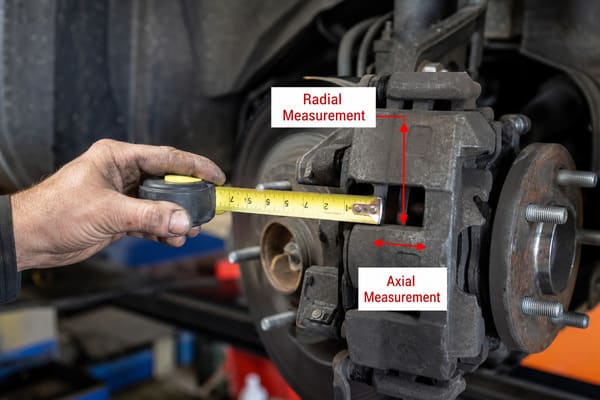Brake Caliper Measurement Guide Tape measure placed next to brake caliper showing radial and axial measurement points