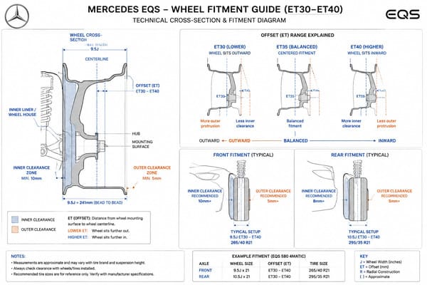 Mercedes EQS Wheel Size and Fitment Guide\ Mercedes EQS wheel fitment diagram — size and offset guide
