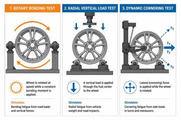 Three Types of Fatigue Tests for Forged Wheels Diagram showing three fatigue test types applied to a forged wheel: rotary bending, radial load, and cornering force