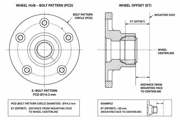 Bolt Pattern and Offset Explained Bolt pattern and offset wheel fitment diagram