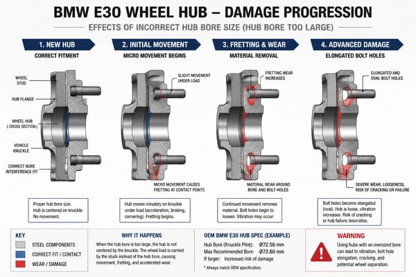 What Happens If You Use the Wrong Hub Bore Size on Your E30? Damage caused by wrong hub bore size BMW E30 wheel
