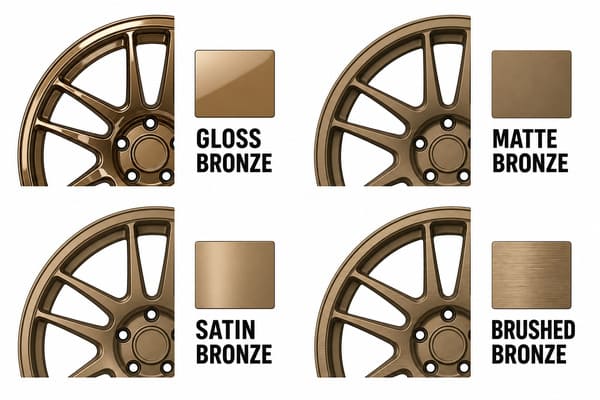 Gloss vs Matte vs Satin vs Brushed Bronze Wheel Finishes\ Four bronze finish types side by side comparison
