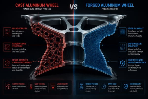 Forged vs Cast Wheel Internal Structure Fatigue Comparison Cross-section comparison of forged vs cast aluminum wheel showing grain structure and internal porosity differences