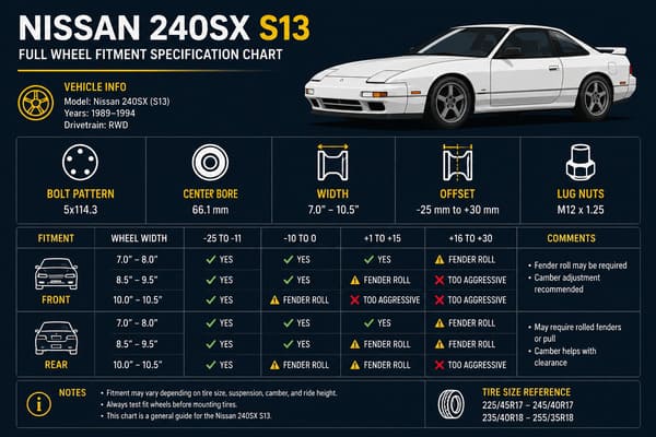 Nissan 240SX S13 Wheel Fitment Specifications\ Nissan 240SX S13 full wheel fitment specifications chart