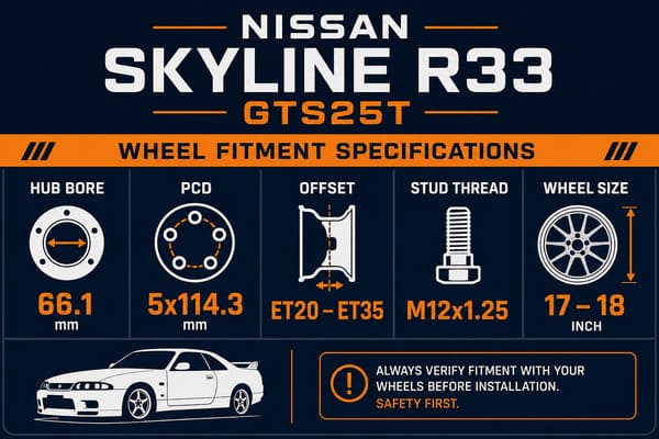 Nissan Skyline R33 GTS25T Full Wheel Fitment Specs for Forged Wheels Nissan Skyline R33 GTS25T wheel specs PCD offset hub bore forged wheels