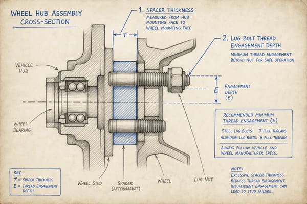 Wheel Spacer Thickness vs Bolt Thread Engagement Safety Limit Wheel spacer thickness and bolt engagement measurement