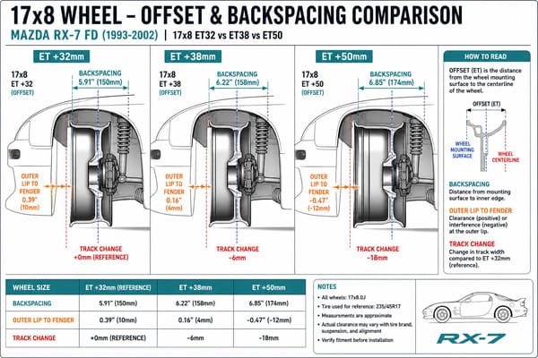 Best Offset and Backspacing for 17x8 Wheels on Mazda RX-7 FD 17x8 wheel offset and backspacing chart for Mazda RX-7 FD