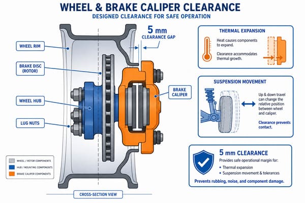 Recommended Brake Caliper Clearance Standard 5mm Cross-section diagram showing 5mm caliper clearance with thermal expansion and suspension movement annotations