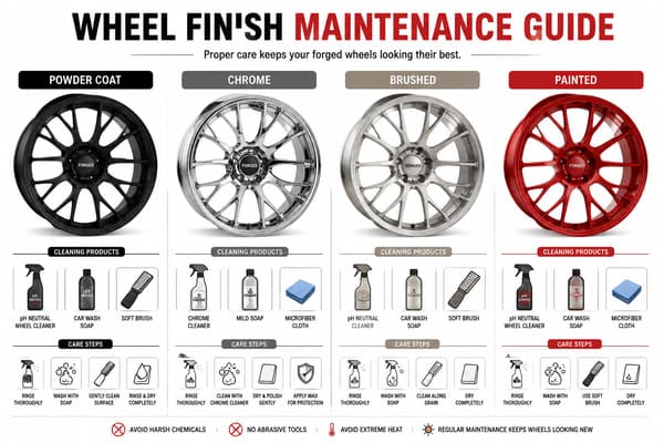 Wheel finish maintenance guide showing different forged wheel surface treatments