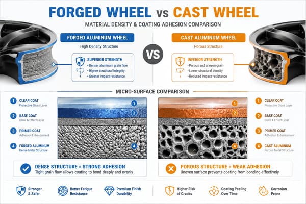 Comparison of forged wheel vs cast wheel surface porosity and finish adhesion