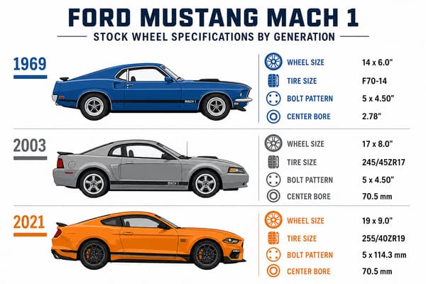 Ford Mustang Mach 1 stock wheel specs by generation