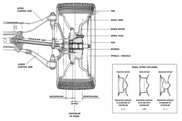 Wheel offset diagram for classic muscle car fitment