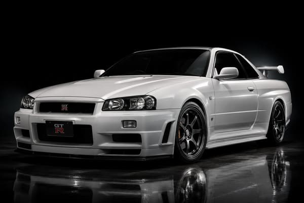 Black forged wheels on white Nissan Skyline GT-R R34
