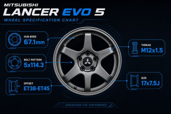 Mitsubishi Lancer Evo 5 Full Wheel Specifications Chart Full wheel spec chart for Mitsubishi Lancer Evo 5 fitment