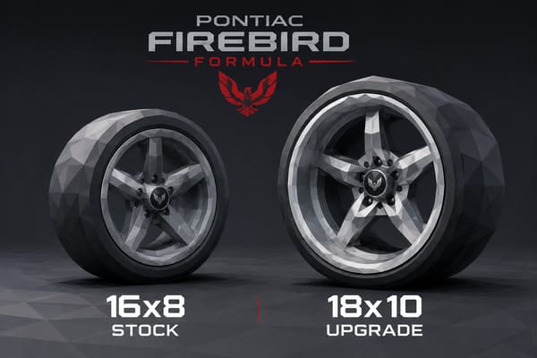 Stock Wheel Size Pontiac Firebird Formula 16x8 vs 18x10 Pontiac Firebird Formula stock wheel size vs 18x10 upgrade comparison