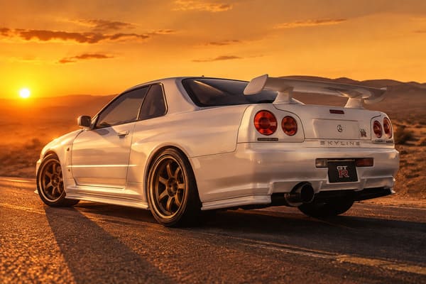Gold and bronze forged wheels on white R34 Skyline