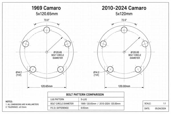 Camaro bolt pattern comparison 1969 vs modern 2010-2024 5x120.65 vs 5x120