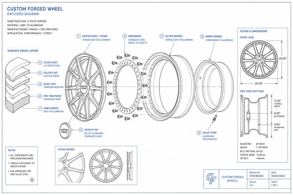 Custom forged wheel design options and surface treatments