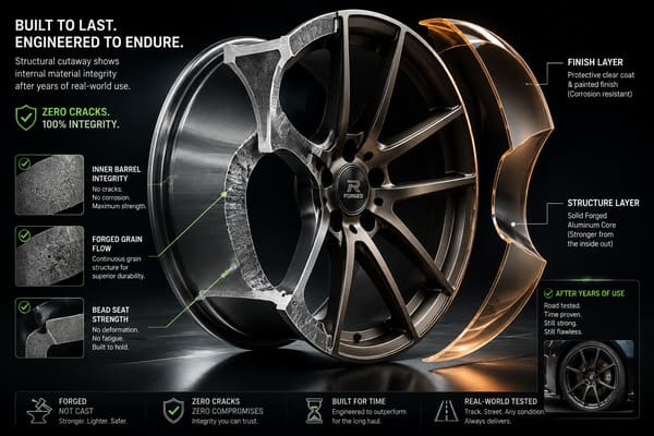 Forged wheel structural inspection showing zero cracks after eight years of use