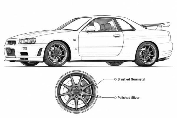 Silver and gunmetal forged wheels on white Nissan Skyline R34